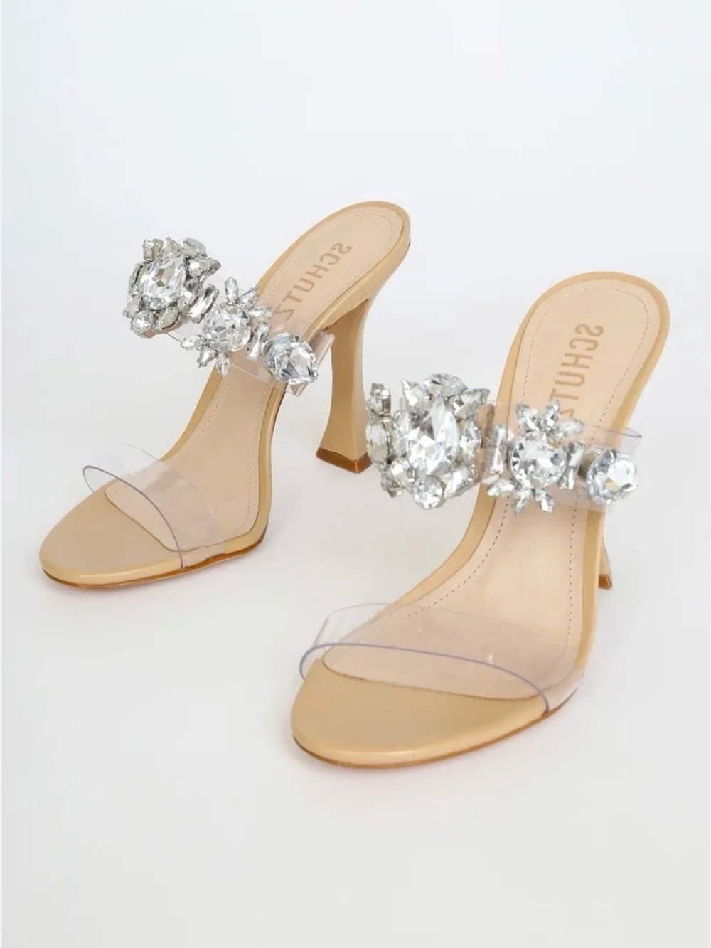 Schutz Laureen Crystal Nude Sandals Block Heel Made in Brazil Size 8.5B - Picture 2 of 13